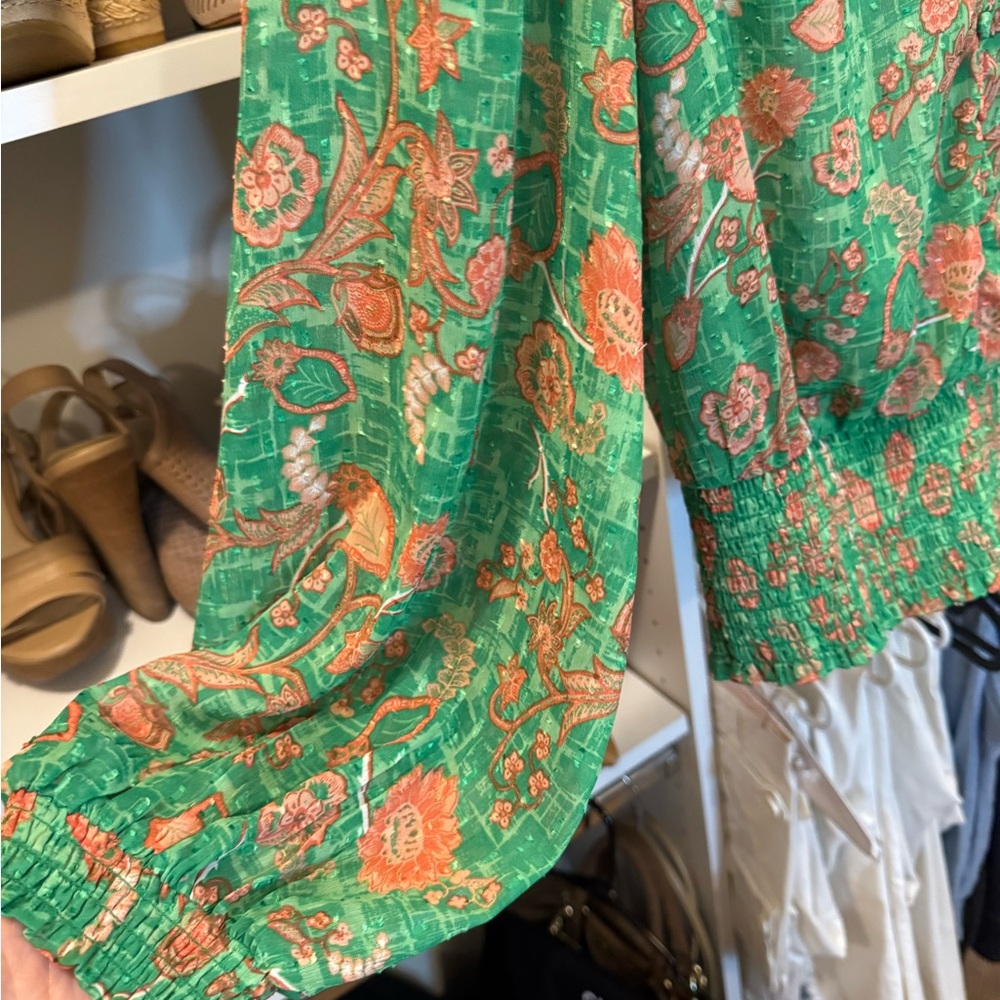 green long sleeve green pink floral blouse office date size med - Picture 10 of 11